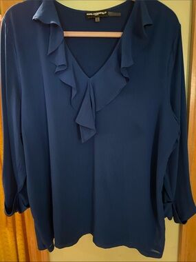 Karl Lagerfeld Navy Ruffle V-Neck Long-Sleeve Blouse